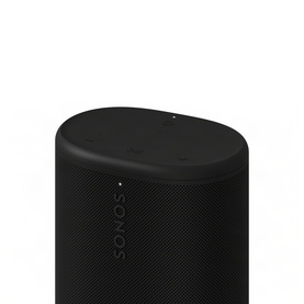 Sonos Play Black portable speaker in black, close-up showing textured fabric grille and touch controls on top