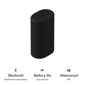 Sonos Play Black portable Bluetooth speaker in black, with icons highlighting Bluetooth, up to 24hr battery life, and IP67 waterproof rating