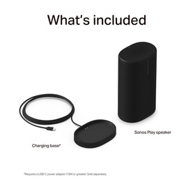 Sonos Play Black speaker and charging base included in box, shown on white background with labels