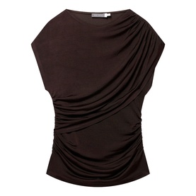 Mint Velvet Double Layer Drape Top in brown with slash neckline, short sleeves, and layered ruched drape detail