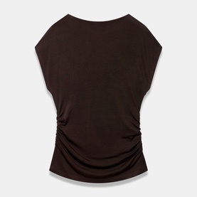 Mint Velvet Double Layer Drape Top in brown, back view showing ruched side detailing and short sleeves in 100% viscose