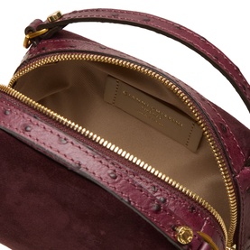 Gianni Chiarini burgundy suede crossbody bag, open top view showing gold zip, chain interior detail and beige suede lining