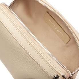 Gianni Chiarini taupe leather crossbody bag, open interior view showing gold-tone zip and branded label detail.