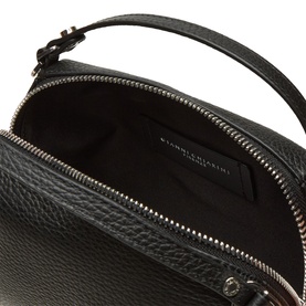 Gianni Chiarini Alifa Crossbody Bag in Nero black grained leather, open top zip view showing interior with silver-tone hardware detail