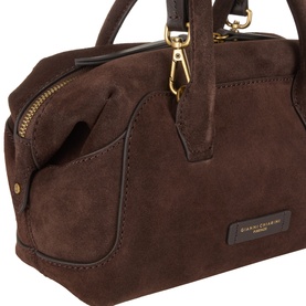 Gianni Chiarini brown suede crossbody bag with gold-tone hardware, zip front pocket, and structured silhouette with top handles.