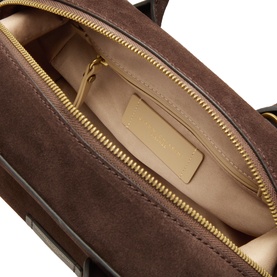Gianni Chiarini brown suede crossbody bag, interior view showing gold-tone zip and beige leather lining with patch pocket