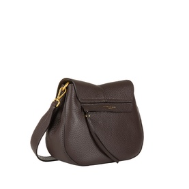 Gianni Chiarini brown leather crossbody bag with gold-tone hardware, zip front pocket, flap top, and adjustable shoulder strap