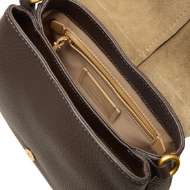 Gianni Chiarini brown leather crossbody bag, open top view showing zip interior pocket, suede lining, and gold-tone hardware detail