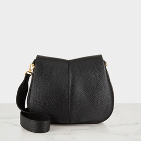 Gianni Chiarini black leather crossbody bag with curved flap, pebbled texture, gold-tone hardware, and wide adjustable strap.
