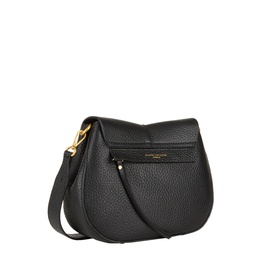 Gianni Chiarini black leather crossbody bag with gold-tone hardware, front zip pocket, flap closure, and adjustable shoulder strap.