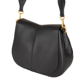 Gianni Chiarini black leather crossbody bag with curved flap, pebbled texture, gold-tone hardware and adjustable fabric strap