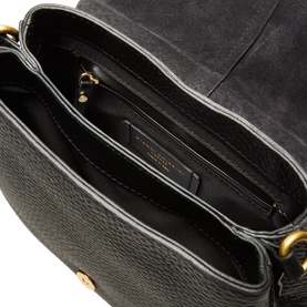 Gianni Chiarini black leather crossbody bag, open interior view showing zip pocket, card slots and gold-tone hardware detail
