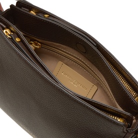 Gianni Chiarini Laura Crossbody Bag in brown grained leather, open top view showing beige interior lining and gold-tone zip hardware
