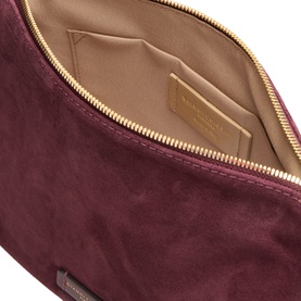 Gianni Chiarini burgundy suede crossbody bag, open view showing beige fabric lining, card slots, and gold-tone zip