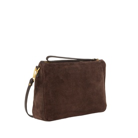 Gianni Chiarini moka suede crossbody bag with gold-tone zip hardware and slim detachable strap, angled rear view