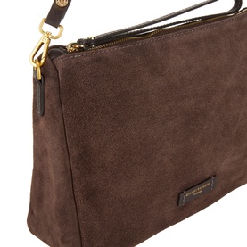 Gianni Chiarini moka suede crossbody bag with gold-tone hardware, zip closure and adjustable dark shoulder strap, close-up detail view