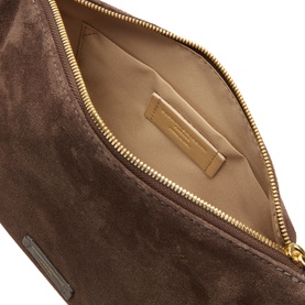 Gianni Chiarini moka suede crossbody bag, open view showing beige fabric lining and gold-tone zip fastening