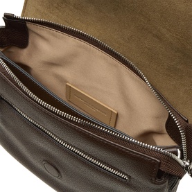 Gianni Chiarini brown leather crossbody bag, open top view showing beige suede interior lining and silver zip detail