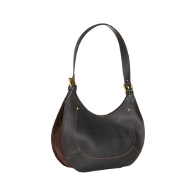 Gianni Chiarini black leather shoulder bag with crescent silhouette, contrast stitching, gold-tone hardware, and single top handle.