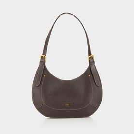 Gianni Chiarini brown leather shoulder bag with gold-tone buckle strap, contrast stitching detail, and crescent silhouette