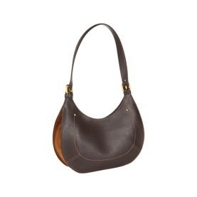 Gianni Chiarini brown leather shoulder bag with crescent silhouette, contrast tan panel, and gold-tone hardware detailing.