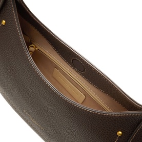 Gianni Chiarini brown leather shoulder bag, open view showing beige interior lining, zip pocket and gold-tone stud detail