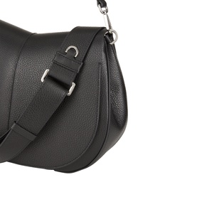 Gianni Chiarini black leather shoulder bag, saddle shape, wide fabric strap, silver-tone hardware clasp detail