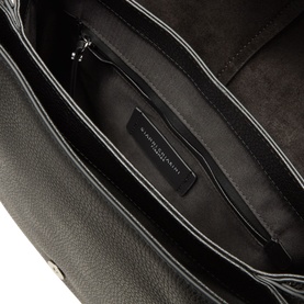 Gianni Chiarini black leather shoulder bag interior view, showing main compartment lining, zip pocket and silver-tone hardware detail.