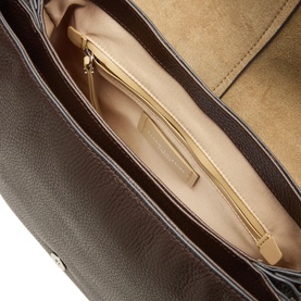 Gianni Chiarini brown leather shoulder bag interior showing zip pocket, beige suede lining, and gold-tone zip hardware