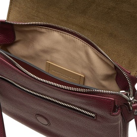 Gianni Chiarini Three Flap Leather Crossbody Bag in antique ruby, open showing tan suede lining, zip pocket, and silver-tone hardware