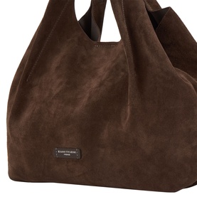 Gianni Chiarini brown suede leather tote bag with short top handles and slouchy silhouette, small logo patch detail
