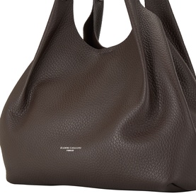 Gianni Chiarini Dua Leather Tote Bag in brown textured grained leather, slouchy silhouette with two looped carry handles and silver logo detail