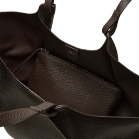 Gianni Chiarini Dua Leather Tote Bag in brown, showing interior zip pocket, grained leather texture and looped carry handles.