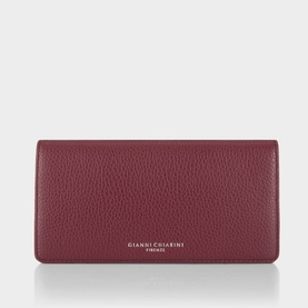 Gianni Chiarini antique ruby leather wallet with pebbled texture and fold-over flap, gold-tone brand lettering