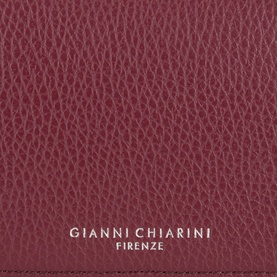 Gianni Chiarini wallet in antique ruby grained leather, close-up detail shot showing texture and embossed logo