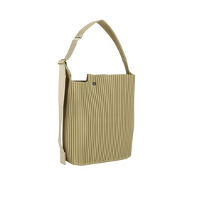 Issey Miyake rock green gray pleated structured tote bag with top handle, single adjustable shoulder strap and gold-tone hardware