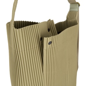 Issey Miyake rock green grey pleated bucket bag with structured accordion folds, top handle and gunmetal snap fastening detail