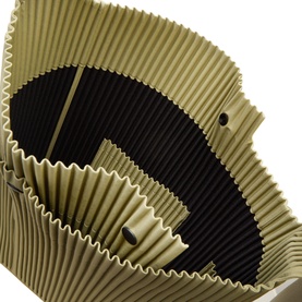 Issey Miyake rock green grey pleated structured accessory with accordion-fold design and black interior lining, open top view