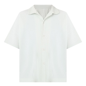 Issey Miyake Duomo Green pleated short-sleeve casual shirt with camp collar and button placket, 100% polyester