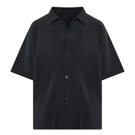 Issey Miyake black pleated short-sleeve casual shirt with button-front placket and spread collar, 100% polyester