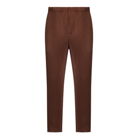 Issey Miyake anchor brown pleated casual trousers in slim-leg cut, 100% polyester with fine vertical pleat texture throughout