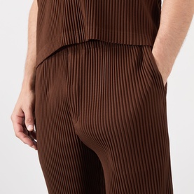 Model wearing Issey Miyake Anchor Brown pleated casual trousers, shown from behind with matching pleated top visible.