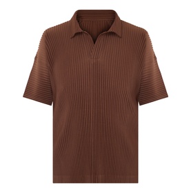 Issey Miyake anchor brown pleated polo shirt with open collar and short sleeves, 100% polyester