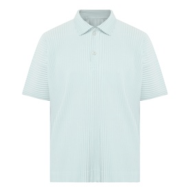 Issey Miyake polo shirt in Boboli Moss Ash with all-over pleated texture, short sleeves, and button placket collar.