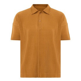 Issey Miyake polo shirt in Venice Boat Brown, ribbed pleated texture, short sleeves, collared neck with button placket