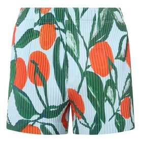 Issey Miyake blue pleated shorts with all-over orange and green botanical print, relaxed fit, elasticated waist