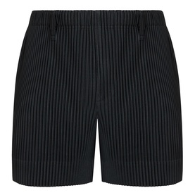Issey Miyake black pleated polyester shorts with elasticated waistband and slim silhouette