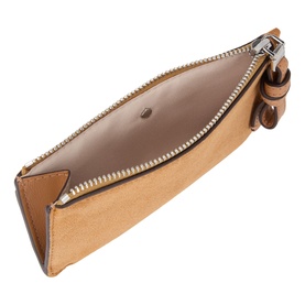 Kate Spade Loop Suede Zip Cardholder in Garden Soil, open showing taupe interior, silver-tone zip hardware and suede exterior