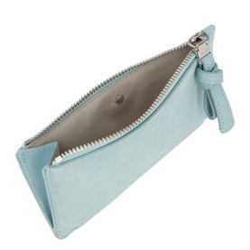 Kate Spade Loop Suede Zip Cardholder in English Sea, open top-zip view showing grey interior and silver-tone hardware