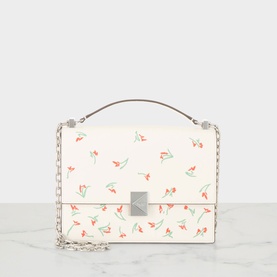 Kate Spade cream multi leather crossbody bag with floral print, top handle, silver-tone chain strap and press-lock closure